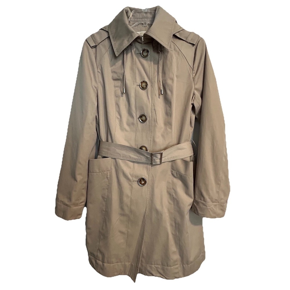 Michael Kors Womens Trench Coat Medium Classic Beige Detachable Hood Fall Winter